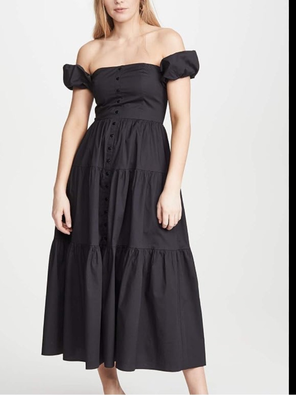 Staud 2 Black Tiered Button Up Elio Midi Dress Coquette Milkmaid Puff Sleeve